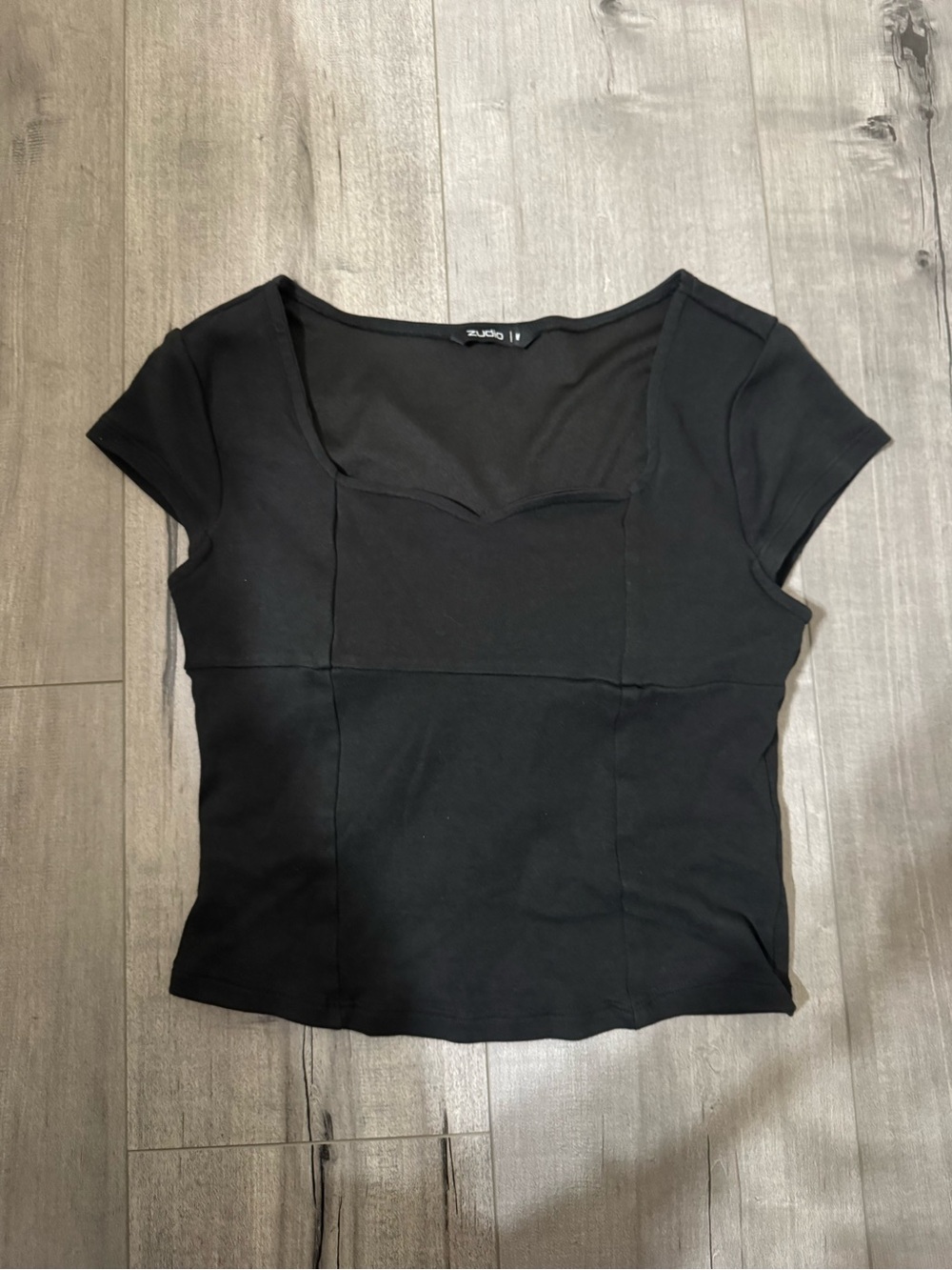 Zudio Black Short Sleeve Square-Neck Crop Top with Built-in Pads